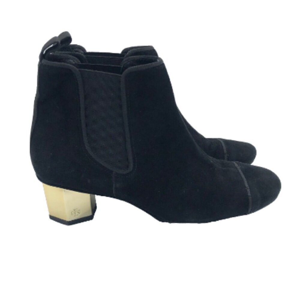 TORY BURCH Regina Suede Ankle Boot Bootie Black Gold Hexagon Heeled Boots 6 Tory